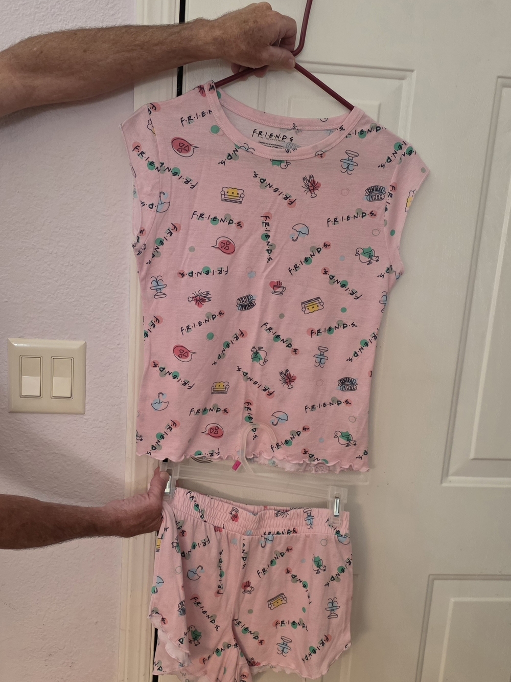 NWOT- FRIENDS Small Pink Printed Women's Pajama Set - Short Sleeve Top & Shorts